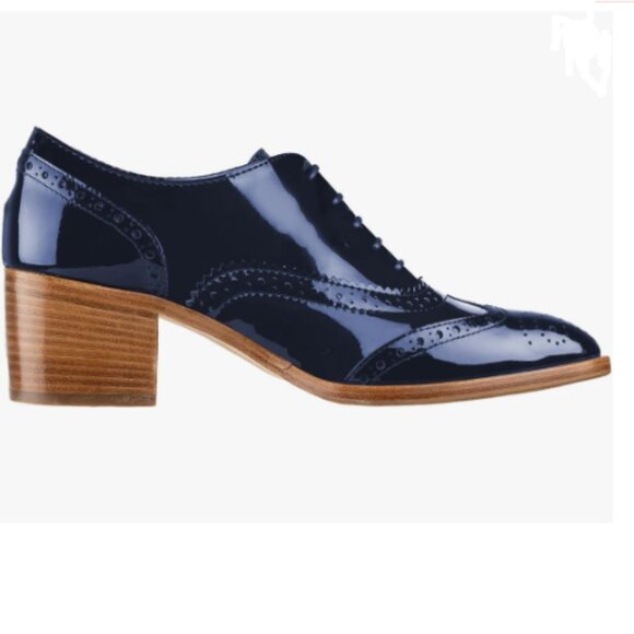 FOWT Navy Perforated Lace-Up Oxfords Almond Toe Mid Chunky Heel Brogues Shoes - Picture 1 of 8